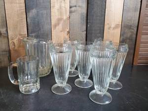 lot 30 image: Vintage Jeanette Glass Ribbed Soda Fountain Glasses for Sundaes or Milkshakes a Glass Pitcher and Heavy Duty Beer Mug