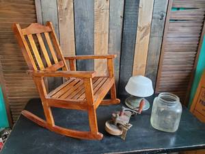 lot 31 image: Vintage Childrens Rocking Chair, Vintage Light Fixture, Vintage Jar, and Vintage Dulap Hand Crank Bench Grinder