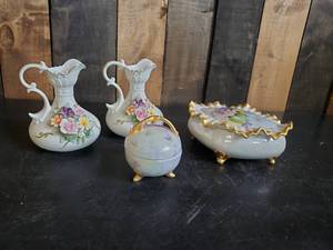 lot 32 image: Lefton China Pitchers Vase with Floral Design and Beautiful JewelryTrinket Box and More
