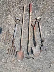 lot 37 image: Outdoor Garden Tools some with Wooden Handles very cool