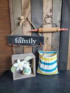lot 70 image: Vintage Clothes pin Holder, Rolling Pin and Wall Hanger, Ceramic USA Ceramic Pitcher and More