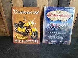 lot 81 image: 2 Indian Motorcycle Tin Signs, 53 Roadmaster Chief and the Great Indian Harley Race