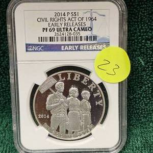 lot 23 image: 2014 NGC PF 69 Ultra Cameo 1964 Civil Act Rights, 1 oz Coin