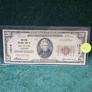 lot 42 image: 1929 Western National Bank of Duluth, MN $20 Note