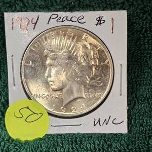 lot 50 image: 1924 Peace $1 Unc wToning