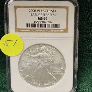 lot 51 image: 2006 W Silver Eagle Early Release, NGC MS69