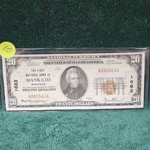 lot 80 image: 1929 First National bank of Mankato, MN $20 AU Note Certificate