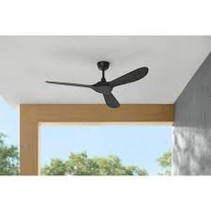 lot 22 image: Home Decorators Collection Tager 52 in. Smart IndoorOutdoor Matte Black with Whiskey Barrel Blades Ceiling Fan with Remote Powered by Hubspace Cushions Customer Returns See Pictures