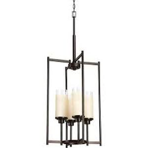 lot 33 image: Progress Lighting Alexa Collection 4-Light Antique Bronze Chandelier with Etched Umber Linen Glass  Customer Returns See Pictures