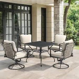 lot 37 image: Opohoro Komodo Black 5-Piece Metal Outdoor Dining Set with Square Table, Gray Wicker Backrests, and Beige Cushions Customer Returns See Pictures