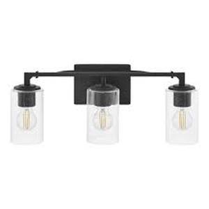 lot 42 image: Home Decorators Collection Helenwood 22 in. 3-Light Matte Black Bathroom Vanity Light with Clear Seeded Glass  Customer Returns See Pictures