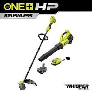 lot 51 image: RYOBI ONE HP 18V Brushless Cordless Battery 15 in. String Trimmer & 510 CFM Leaf Blower Combo Kit w4.0 Ah Battery & Charger Customer Returns See Pictures