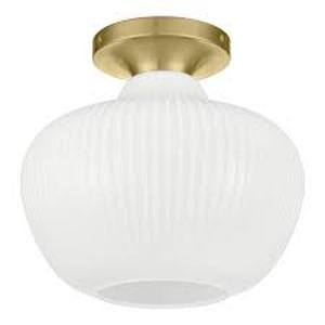 lot 55 image: Home Decorators Collection Pompton 12 in. 1-Light Gold Semi-Flush Mount Ceiling Light Fixture with White Ribbed Glass Customer Returns See Pictures