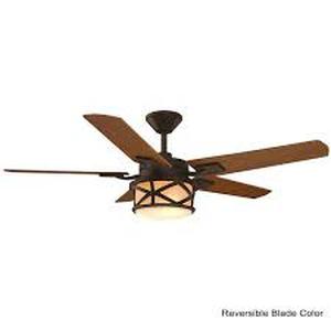 lot 57 image: Home Decorators Collection Copley 52 in. IndoorOutdoor LED Oil Rubbed Bronze Ceiling Fan with Light Kit, Downrod, Remote and Reversible Blades  Customer Returns See Pictures