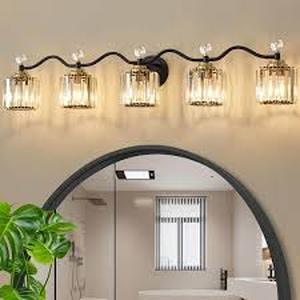 lot 62 image: Deyidn Modern Luxury 44.5 in. 5-Light Black and Gold Vanity Light with Crystal Shade for Bathroom  Customer Returns See Pictures