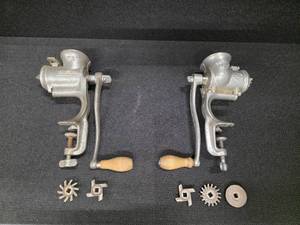 lot 183 image: Russwin and a Universal cast iron vintage hand-crank meat grinders