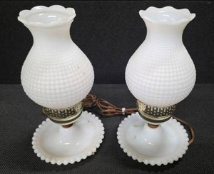 lot 198 image: MCM  Vintage Boudoir Milk Glass Hobnail Lamps