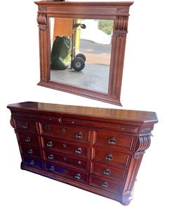 lot 8 image: Elegant Wooden Dresser with Ornate Mirror