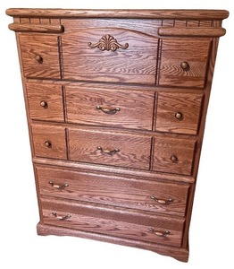lot 19 image: Solid Oak 5-Drawer Tall Dresser with Decorative Panel
