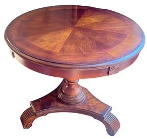 lot 20 image: Round Wood Pedestal Table with Decorative Base