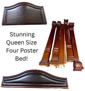 lot 26 image: Queen Size Four Poster Bed with Ornate Wood Detailing