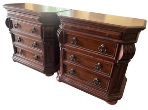 lot 27 image: Pair of Three-Drawer Wooden Bedside Tables