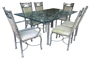lot 40 image: Elegant Glass Top Patio Table with 6 Metal Leaf Design Chairs
