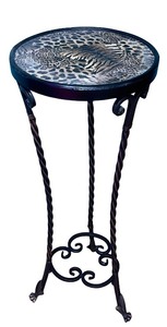 lot 74 image: Wrought Iron Accent Table with Animal Print Glass Top