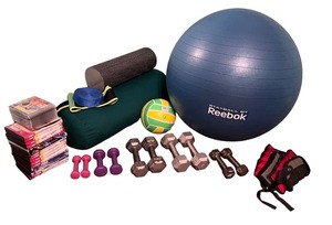 lot 79 image: Complete Home Fitness Set with Dumbbells, Exercise Ball, and DVDs