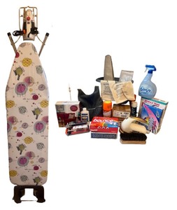 lot 106 image: Collection of Laundry and Cleaning Essentials with Iron and Ironing Board
