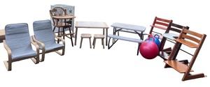 lot 147 image: Set of Childrens Furniture Including Tables, Chairs, and Play Accessories
