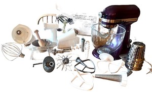 lot 5 image: Purple KitchenAid Artisan Stand Mixer with Attachments, Baking Pans, and Bowls