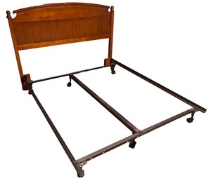 lot 33 image: Wooden Headboard with Metal Bed Frame on Casters