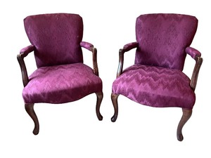 lot 52 image: Pair of Vintage Maroon Upholstered Armchairs with Wood Frame
