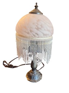 lot 67 image: Vintage Glass Shade Table Lamp with Beaded Fringe
