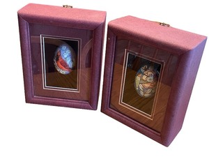 lot 84 image: Pair of Framed Hand Painted Eggs with Bird and Floral Designs