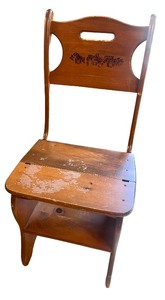 lot 109 image: Vintage Wooden Folding Library Chair and Step Ladder