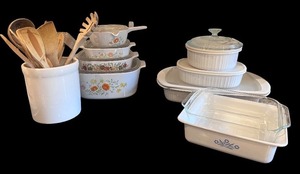 lot 110 image: Vintage Kitchenware Collection with Pyrex, CorningWare, Ramekins, and Wooden Utensils