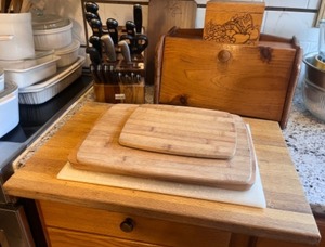 lot 111 image: Wood Bread Box with Matching Recipe Card Holder and Cutting Boards