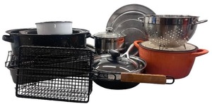 lot 115 image: Collection of Assorted Kitchen Cookware Pots, Colander, Fry Baskets, and More