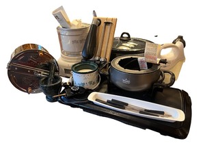 lot 123 image: Kitchen Appliance and Utensil Collection with Electric Fondue Set and Food Processor