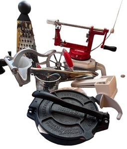 lot 125 image: Kitchen Tool Collection with Tortilla Press, Graters, Slicer, and Juicer