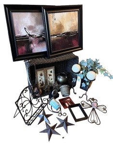 lot 140 image: Lot of Home Decor Items including Framed Art, Wall Plaques, and Metal Accents
