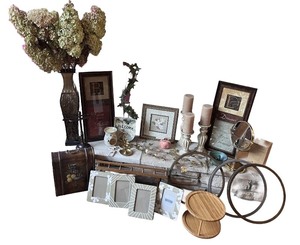 lot 142 image: Home Decor Collection with Frames, Wall Art, Candle Holders, and Shelf