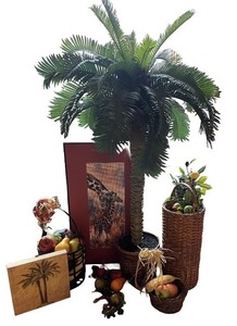 lot 143 image: Home Decor Lot with Artificial Palm Tree, Fruit Accents, Wall Art, and Baskets