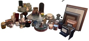 lot 156 image: Collection of Home Decor Items Including Candles, Glassware, and Picture Frames