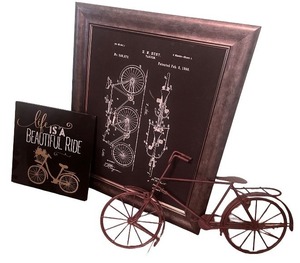 lot 163 image: Bicycle Decor Set with Metal Model, Wall Art, and Framed Patent Print