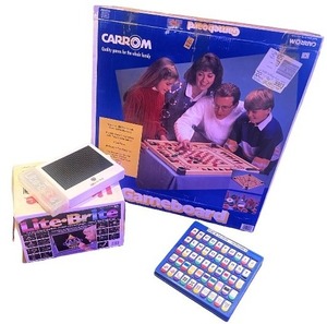 lot 172 image: Game and Learning Set Carrom Gameboard, Lite-Brite, and Flip & Learn Alphabet Board