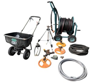 lot 184 image: Lawn Care Equipment Collection with Hose Reel, Scotts Spreader, and Sprinklers