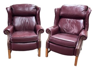 lot 187 image: Pair of Burgundy Leather Wingback Armchairs with Nailhead Trim